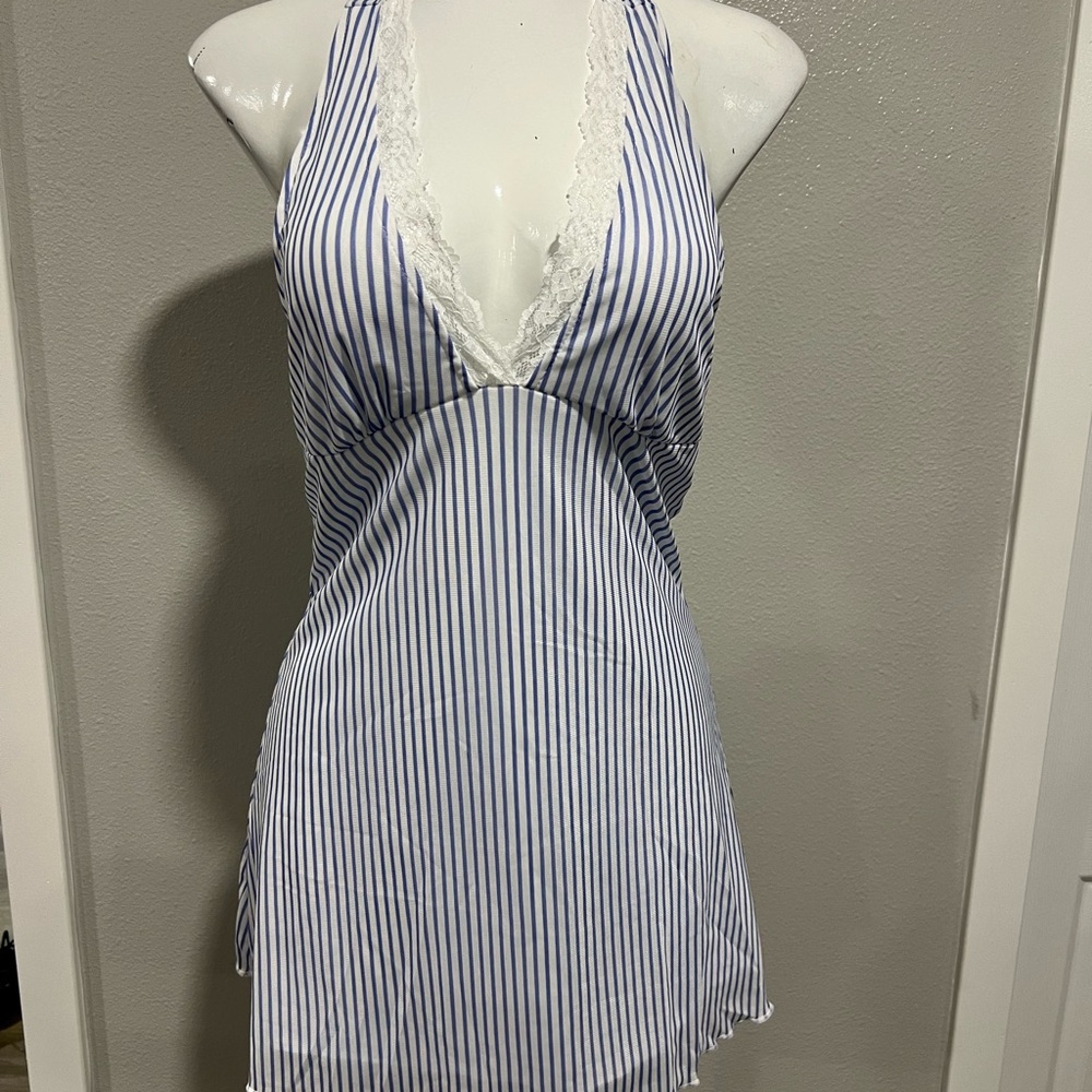Striped Lace-Trimmed Halter Nightgown